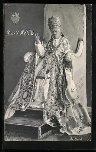 AK Papst Pius X., Portrait auf dem Thron, Wappen