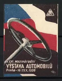 Reklamemarke Praha, XXVI. Mezinárodní Výstava Automobilu 1936, Lenkrad und Flagge