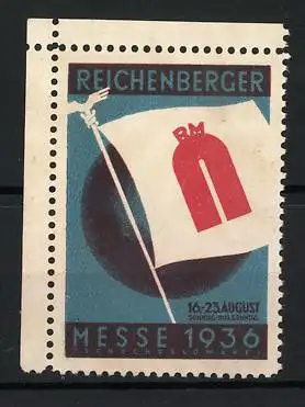 Reklamemarke Reichenberg, Messe 1936, Fahne mit rotem Messelogo