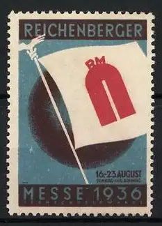 Reklamemarke Reichenberg, Reichenberger, Messe 1936, Flagge mit rotem Symbol