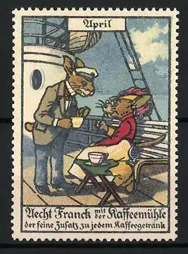 Reklamemarke April, Aecht Franck Kaffeeemühle mit Hasen auf Schiff