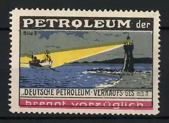 Reklamemarke Deutsche Petroleum-Verkaufs-Gesellschaft, Leuchtturm und Schiff