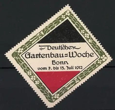 Reklamemarke Bonn, Deutsche Gartenbau-Woche, 1912, Blumenmuster-Rahmen mit Reichsfahne