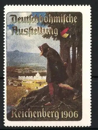 Reklamemarke Reichenberg, Deutsch-böhmische Ausstellung, Landschaft mit Wanderer 1906