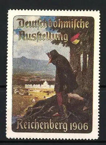 Reklamemarke Reichenberg, Deutschböhmische Ausstellung, Landschaft mit Stadtansicht, 1906