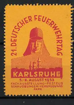 Reklamemarke Karlsruhe, 21. Deutscher Feuerwehrtag 1932, Feuerwehrmann mit Helm