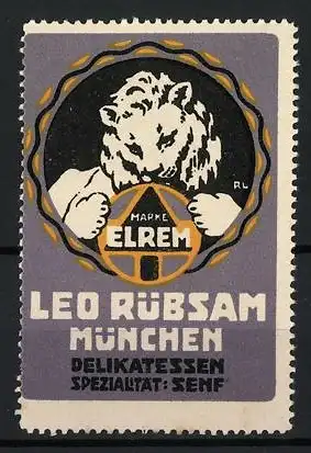 Reklamemarke München, Leo Rübsam Delikatessen, Löwe mit Markenzeichen ELREM