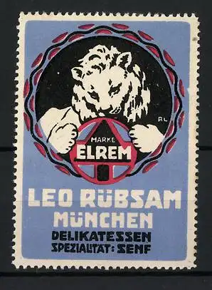 Reklamemarke München, Leo Rübsam Delikatessen, Löwe mit Marke ELREM