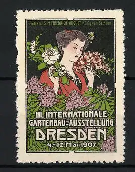 Reklamemarke Dresden, III. Internationale Gartenbau-Ausstellung, asiatische Frau mit Blumen, 1907