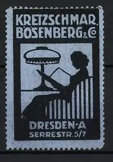 Reklamemarke Dresden, Kretzschmar Bösenberg & Co., lesende Person mit Lampe