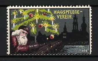 Reklamemarke Dresden, Hauspflegeverein 1908, Weihnachtsmann und Weihnachtsbaum