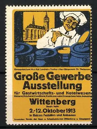 Reklamemarke Wittenberg, Grosse Gewerbe Ausstellung 1913, Koch mit Geschirr