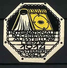 Reklamemarke Leipzig, Internationale Buchgewerbe Ausstellung 1914, Buch und Druckplatte