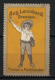 Reklamemarke Dresden, Aug. Leonhardi, Junge mit Tintenflasche