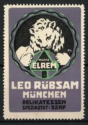 Reklamemarke München, Leo Rübsam Delikatessen, Löwe mit Schild