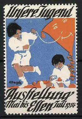 Reklamemarke Essen, Unsere Jugend Ausstellung 1914, Kinder mit Drachen