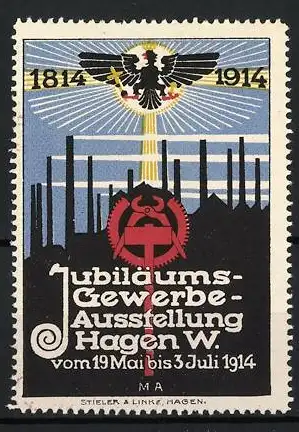 Reklamemarke Hagen, Jubiläums-Gewerbe-Ausstellung 1914, Adler und Industrieanlagen