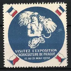 Reklamemarke Prag, Visitez l`Exposition d`Agriculture, Frau mit Sichel, 1928