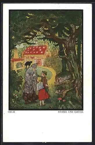 Künstler-AK sign.: Orlik, Hänsel und Gretel mit der Hexe vor dem Lebkuchenhaus