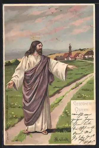 Künstler-AK Alfred Mailick: Frohe Ostern, Jesus vor einer Ortschaft