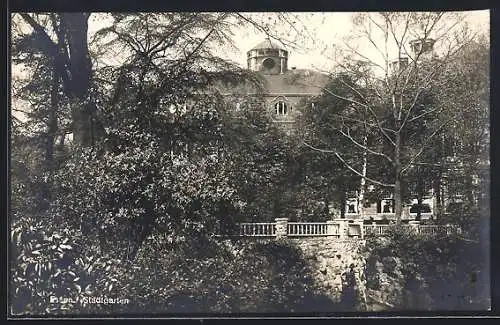 AK Essen, Stadtgarten, Partie mit Turmgebäude