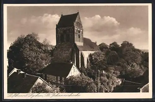 AK Lychen, Ortspartie mit St. Johanniskirche aus der Vogelschau