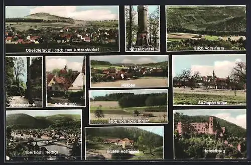 AK Oberdielbach, Ortsansicht mit Gasthof Katzenbuckel, Katzenbuckel-Turm, Strümpfelbrunn, Eberbach