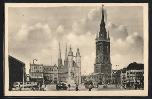 AK Halle /Saale, Marktplatz-Panorama mit Türmen