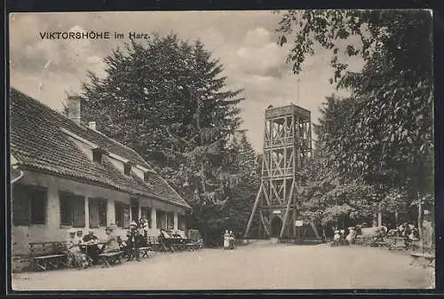 AK Gernrode im Harz, Gasthaus Victorshöhe, Gartenansicht mit Aussichtsturm