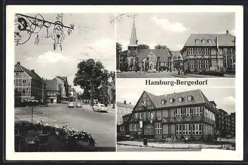 AK Hamburg-Bergedorf, Gasthaus Stadt Hamburg, Kirche, Stadtpartie