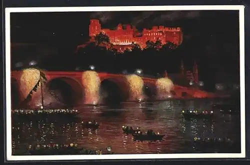 Künstler-AK Heidelberg, Schlossbeleuchtung mit Brücke u. Lampion-Booten