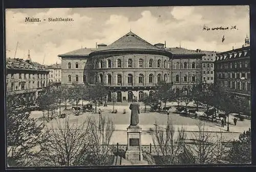 AK Mainz, Stadttheater mit Denkmal