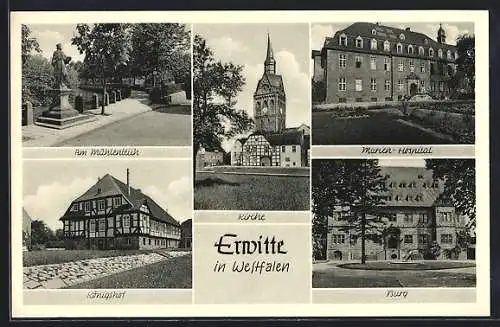 AK Erwitte in Westfalen, Hotel Königshof, Marien-Hospital, Burg