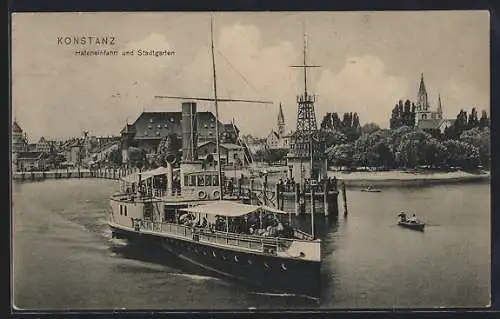 AK Konstanz, Hafeneinfahrt und Stadtgarten mit Dampfer