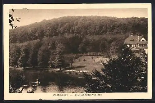 AK Saarbrücken, Deutschmühlenweiher mit Gebäude aus der Vogelschau