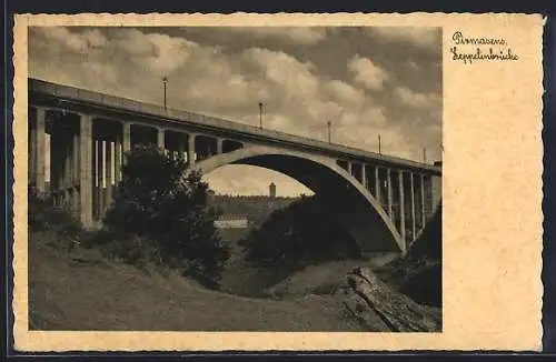 AK Pirmasens, Zeppelinbrücke mit Turmblick