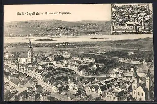 Künstler-AK Nieder-Ingelheim a. Rh., Ortsansicht mit Rhein aus der Vogelschau, Ortsansicht mit Wappen