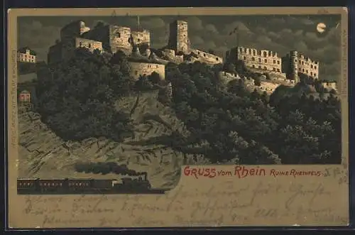 Mondschein-Lithographie Ruine Rheinfels, Gesamtansicht mit fahrender Eisenbahn