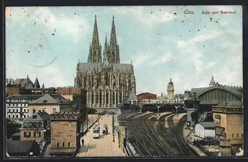 AK Köln, Dom und Bahnhof mit Strassenbahn