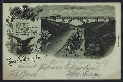 Mondschein-Lithographie Müngsten, Kaiser-Wilhelm-Brücke mit Eisenbahn