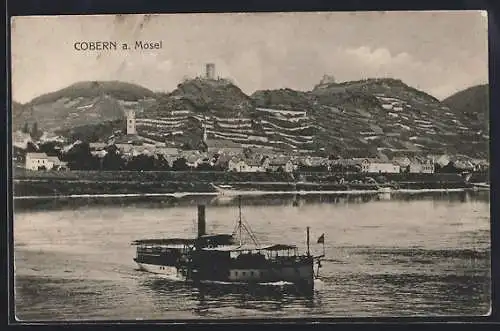 AK Cobern a. Mosel, Teilansicht mit Dampfer