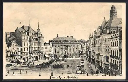 AK Bonn a. Rh., Marktplatz mit Geschäften und Strassenbahn