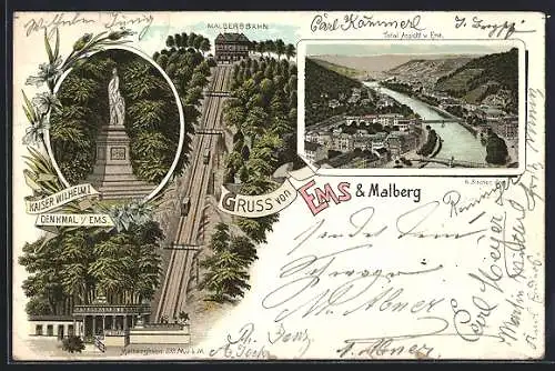 Lithographie Bad Ems, Totalansicht mit Malbergbahn, Kaiser Wilhelm I.