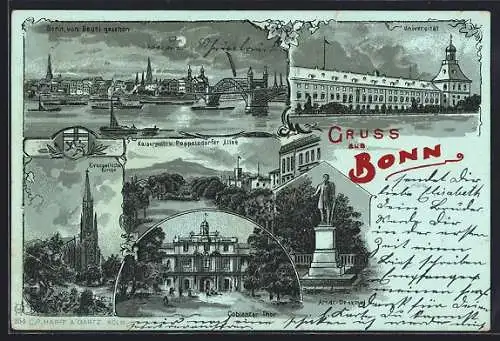 Mondschein-Lithographie Bonn, Universität, Coblenzer Tor, Arndt-Denkmal