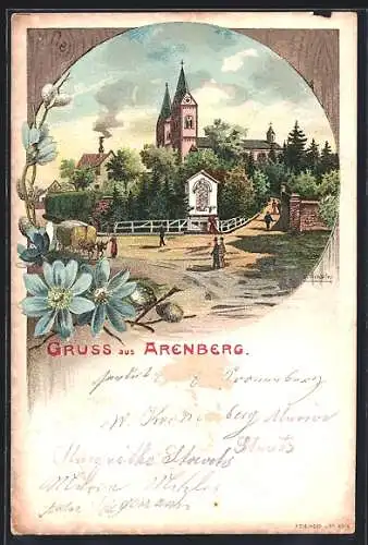 Lithographie Arenberg, Strasse mit Gnadenbild und Kirche