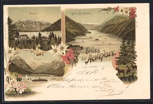 Lithographie Pertisau, Achensee mit Seespitz, Achenkirch und Pertisau