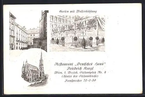 AK Wien, Restaurant Deutsches Haus im 1. Bezirk, Stefansplatz 4, Garten mit Wasserkühlung, Kirche