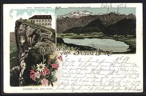 Lithographie Schafberg, Hotel Schafberg und Blick auf den Dachstein