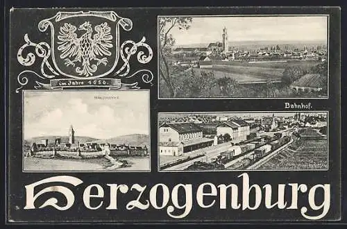 AK Herzogenburg, Ortsansicht, Wappen, Bahnhof aus der Vogelschau