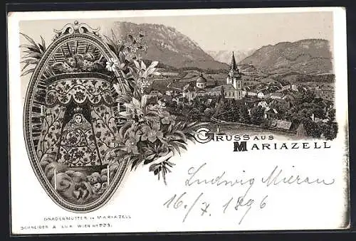 Lithographie Mariazell, Teilansicht mit Kirche, Gnadenmutter